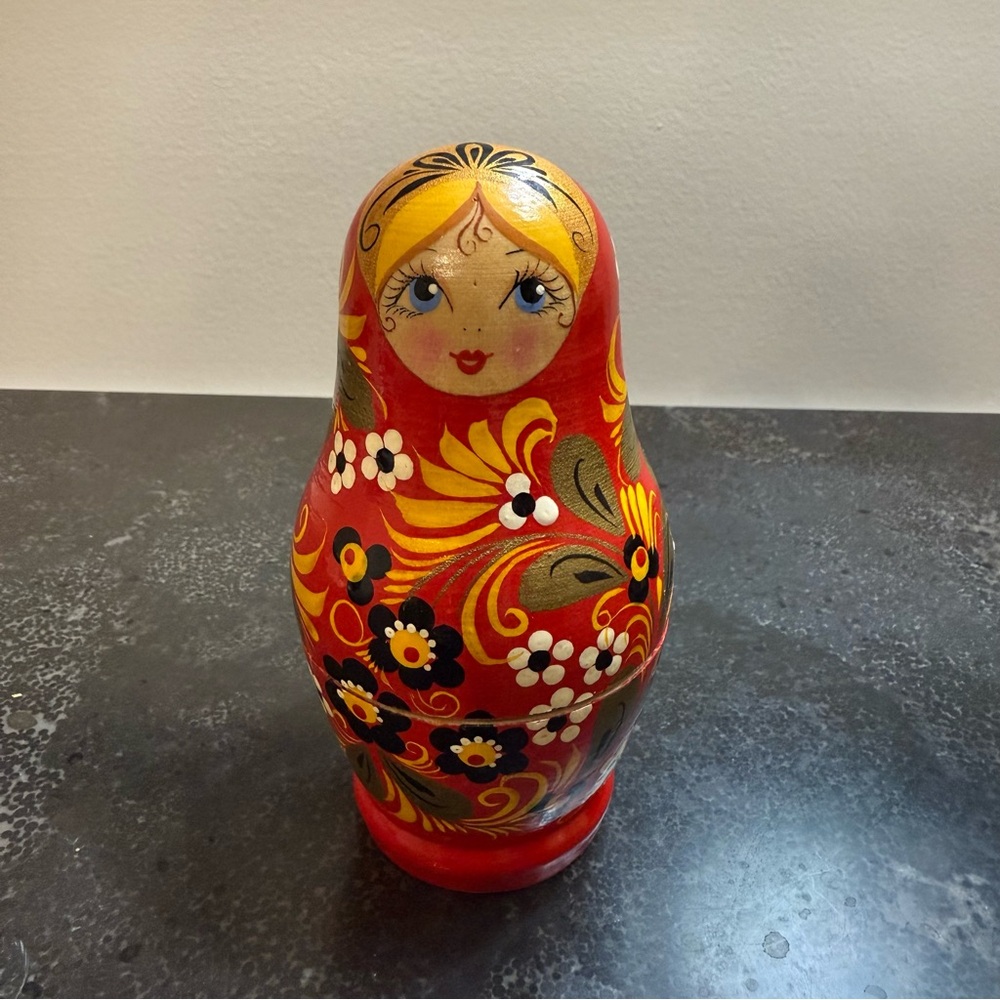 Vibrant Red and Yellow Floral Matryoshka Doll - Picture 2 of 9